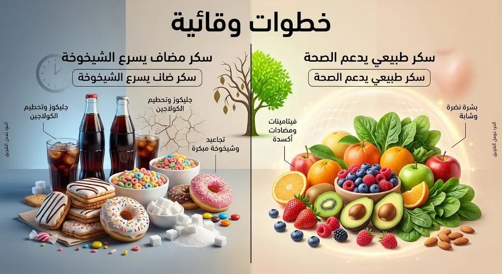 صورة مقارنة بصرية توضح الفارق بين السكريات الطبيعية التي تحافظ على نضارة البشرة، والسكريات المضافة التي تسرع من شيخوخة الجلد.