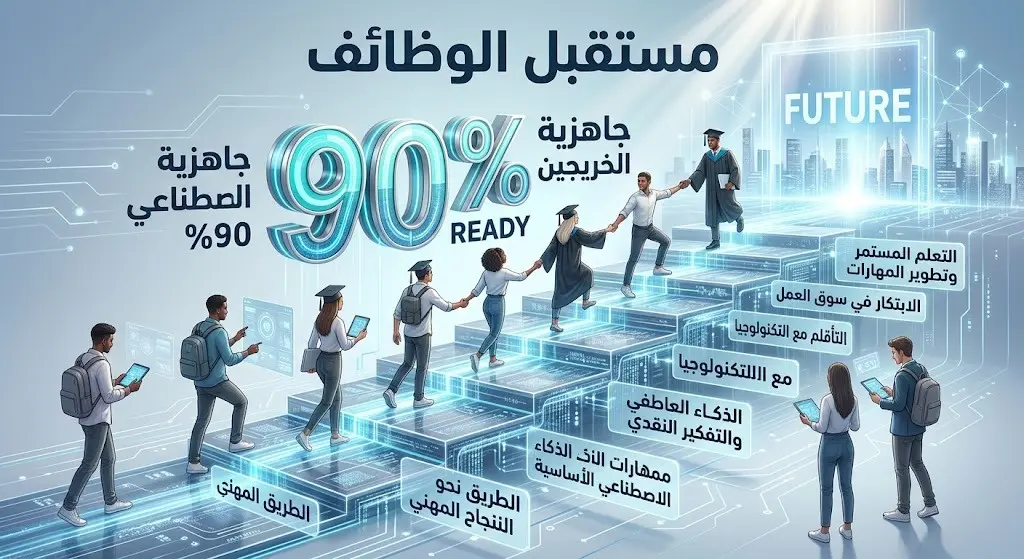 رسم بياني إبداعي يبرز نسبة 90% لجاهزية الخريجين في تقنيات الذكاء الاصطناعي وخطوات التطور المهني.
