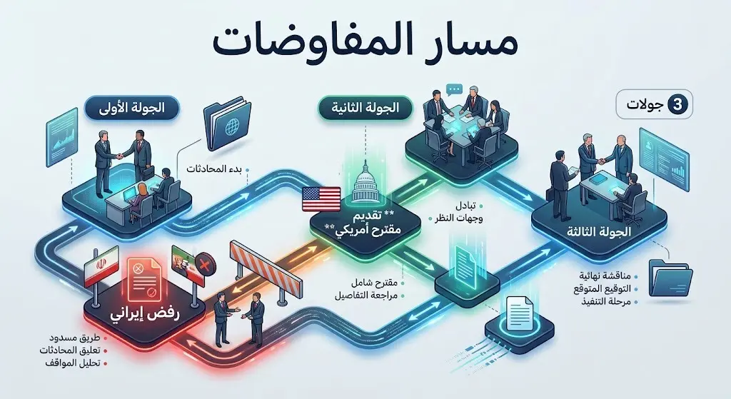 إنفوجرافيك يستعرض مسار الجولات التفاوضية الثلاث، بدءاً من المقترح الأمريكي بتعليق التخصيب وصولاً إلى الرفض الإيراني.