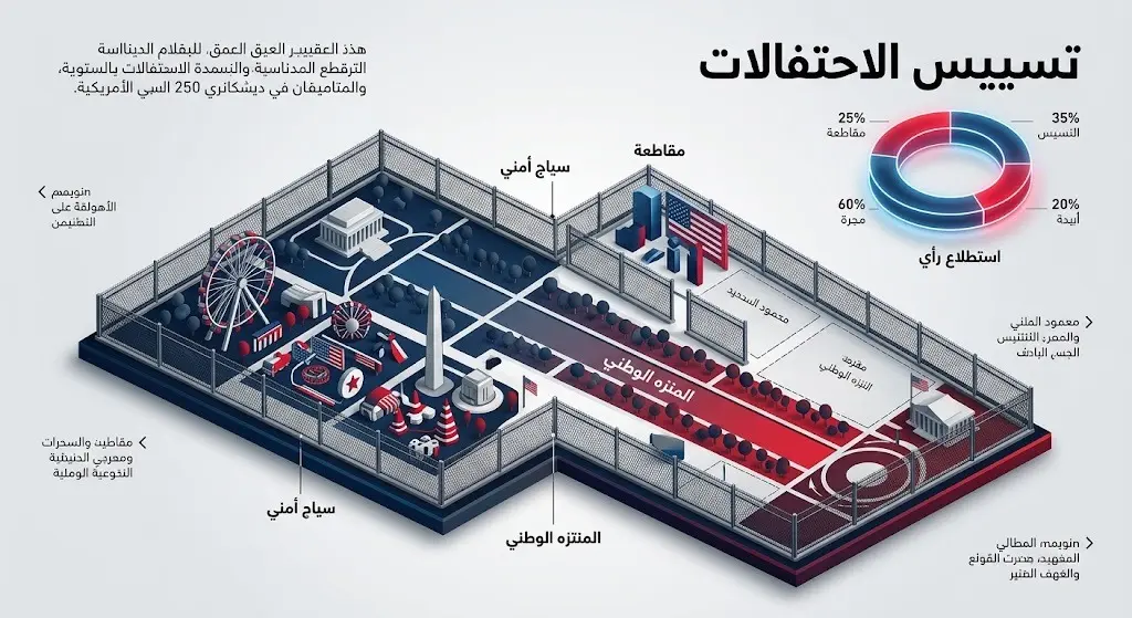 تصميم بياني يجسد الانقسام السياسي والمقاطعات الحزبية، ويظهر المنتزه الوطني محاطاً بالأسوار مع نتائج استطلاعات الرأي.