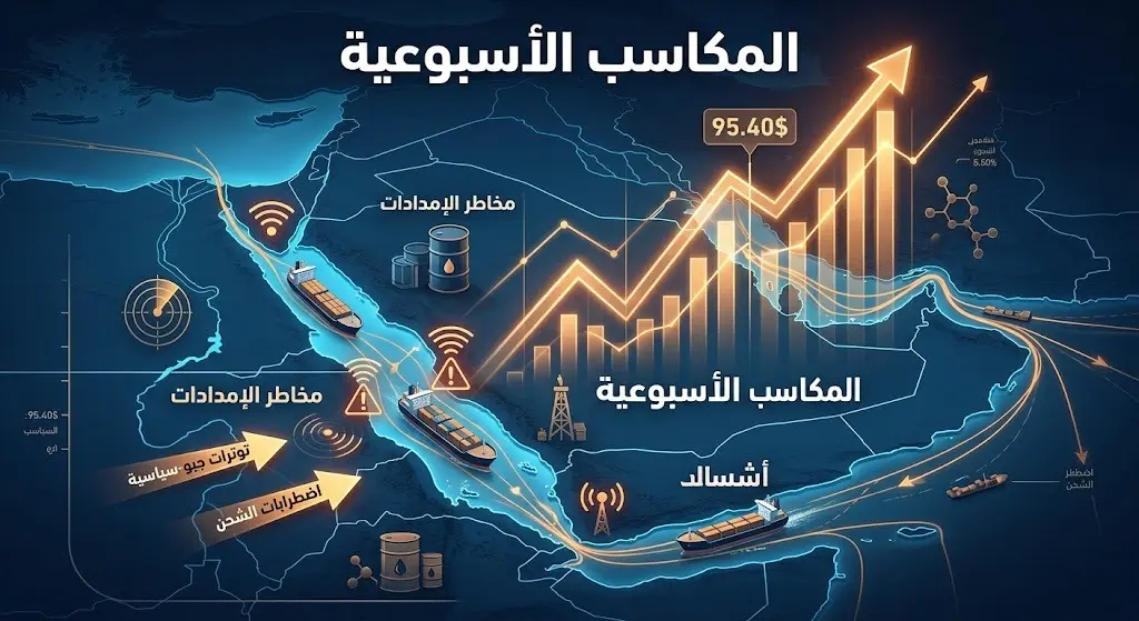 تصميم بصري يدمج خرائط الملاحة البحرية والمؤشرات الصاعدة لأسواق النفط، ليعكس تأثير التوترات الجيوسياسية على الأسعار.