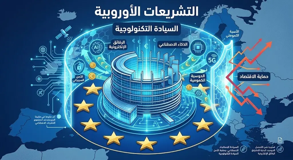 تصميم تعبيري يظهر البرلمان الأوروبي محاطاً بشبكات رقمية ودرع تكنولوجي، لتمثيل الموافقات التشريعية وحماية الاقتصاد القاري.