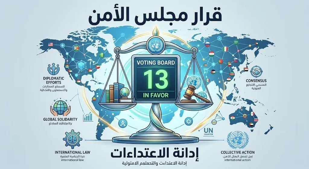 تصميم مفاهيمي يعبر عن التضامن الدبلوماسي العربي وقرار مجلس الأمن بإدانة الاعتداءات بأغلبية 13 صوتاً
