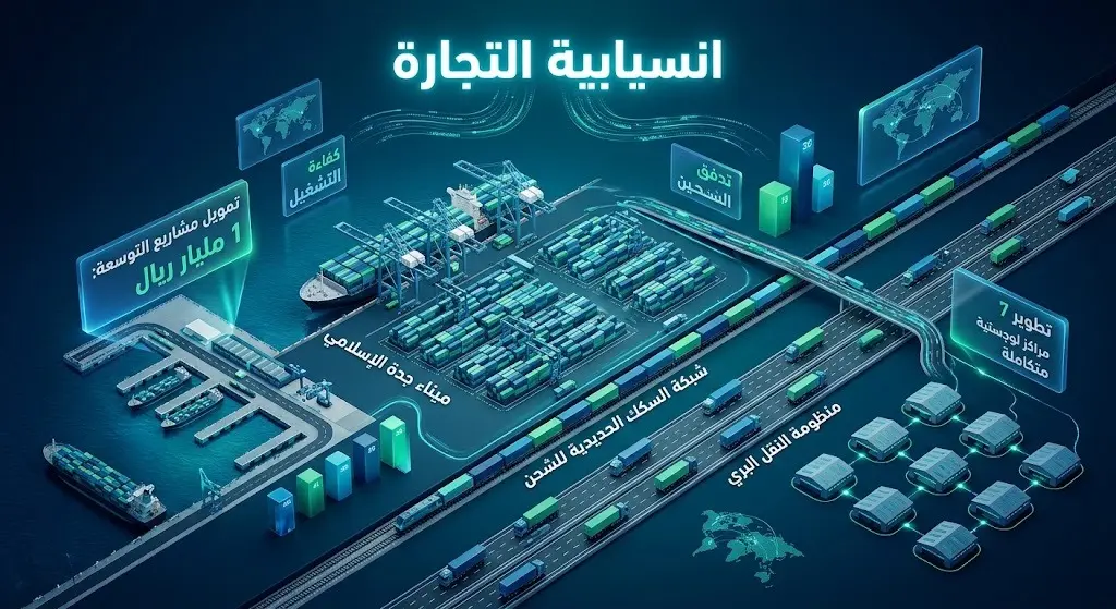 تصميم بصري يبرز انسيابية الحركة التجارية في الموانئ السعودية مع بيانات استثمارية توضح التوسع في المراكز اللوجستية وشبكات النقل البري.