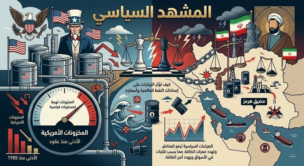 تصميم تعبيري يجسد التوترات الجيوسياسية بين الولايات المتحدة وإيران وتأثيرها على تراجع مخزونات النفط