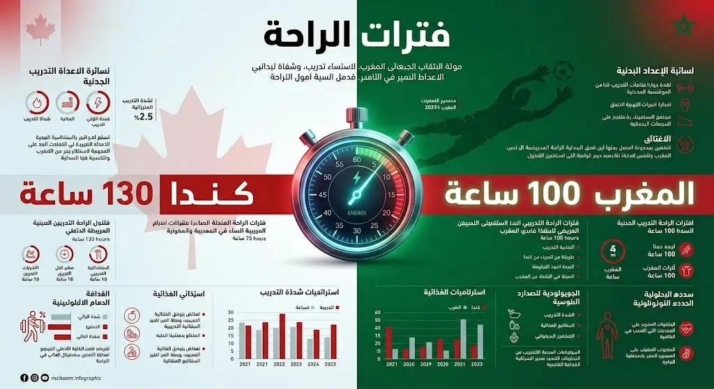 تصميم بياني يقارن بين فترات التعافي البدني للمنتخبين المغربي والكندي قبل المواجهة المرتقبة، موضحاً الفارق في ساعات الراحة.