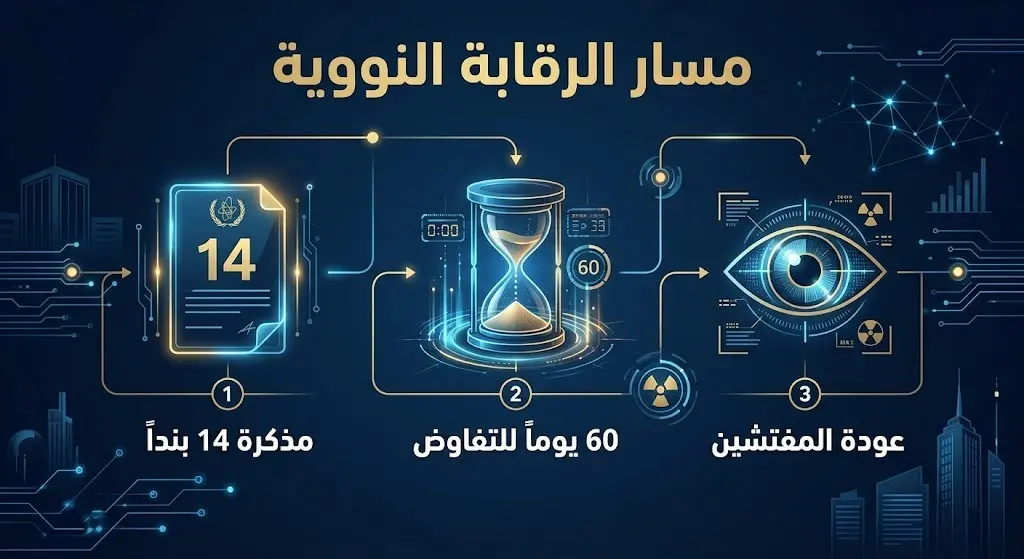 إنفوجرافيك يستعرض مسار الرقابة النووية المحتمل بناءً على مذكرة التفاهم والجدول الزمني للمفاوضات.