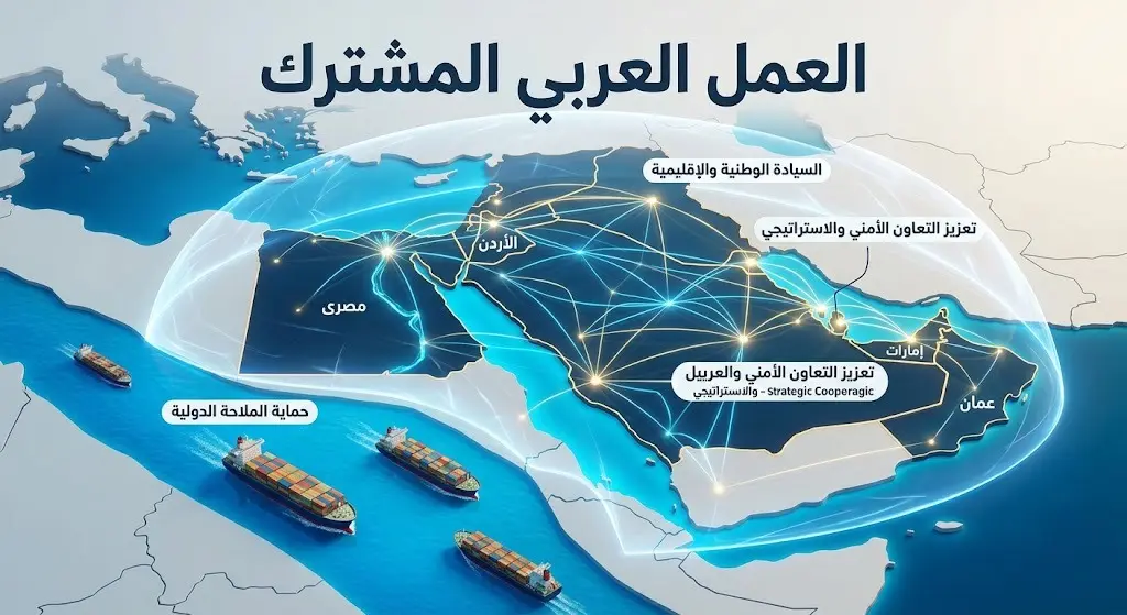 تصميم بصري يجسد التضامن العربي لحماية الملاحة الدولية والسيادة الوطنية بأسلوب عصري.