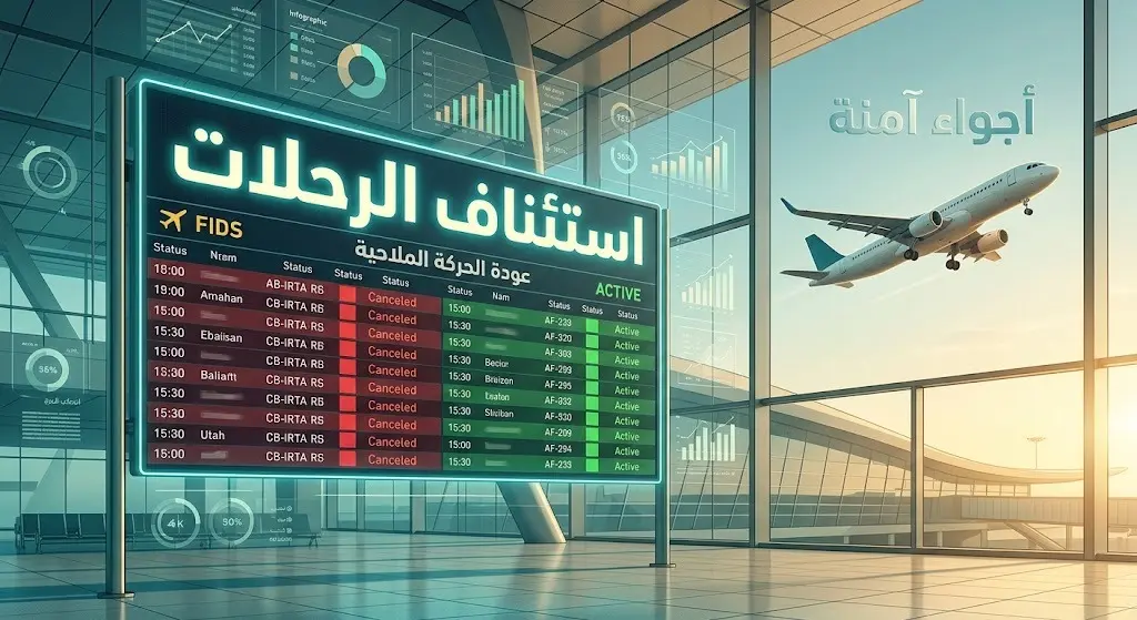 لوحة بيانات طيران رقمية تظهر استئناف الرحلات مع طائرة مدنية تقلع في سماء صافية وآمنة