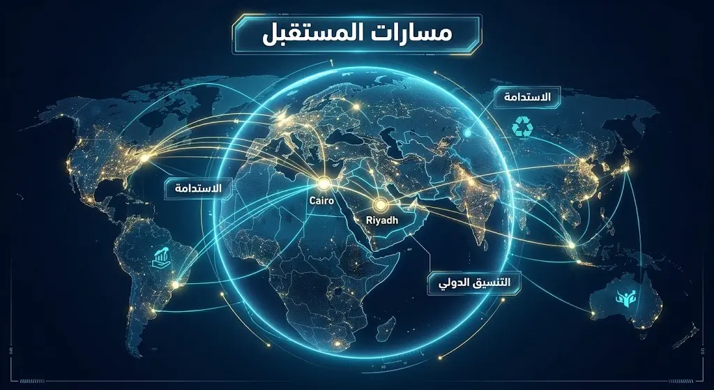 خريطة شبكية رقمية مضيئة تبرز مسارات التعاون والتنسيق المستقبلي بين الرياض والقاهرة لضمان الاستدامة