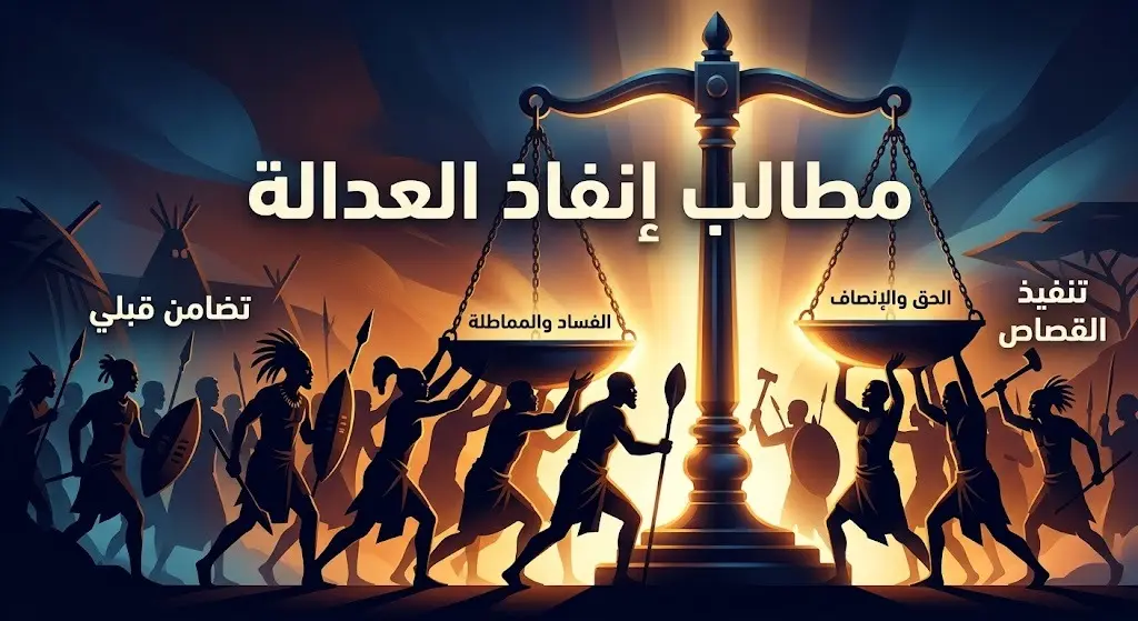 رسم تعبيري يجسد التضامن القبلي والمطالبات الشعبية العارمة بتنفيذ القصاص وتحقيق العدالة.