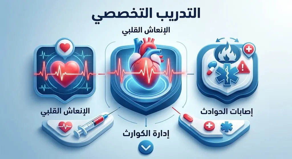 تصميم بصري يستعرض مجالات التدريب التخصصي للممارسين الصحيين كالإنعاش القلبي الرئوي وإدارة الكوارث وبروتوكولات العلاج.