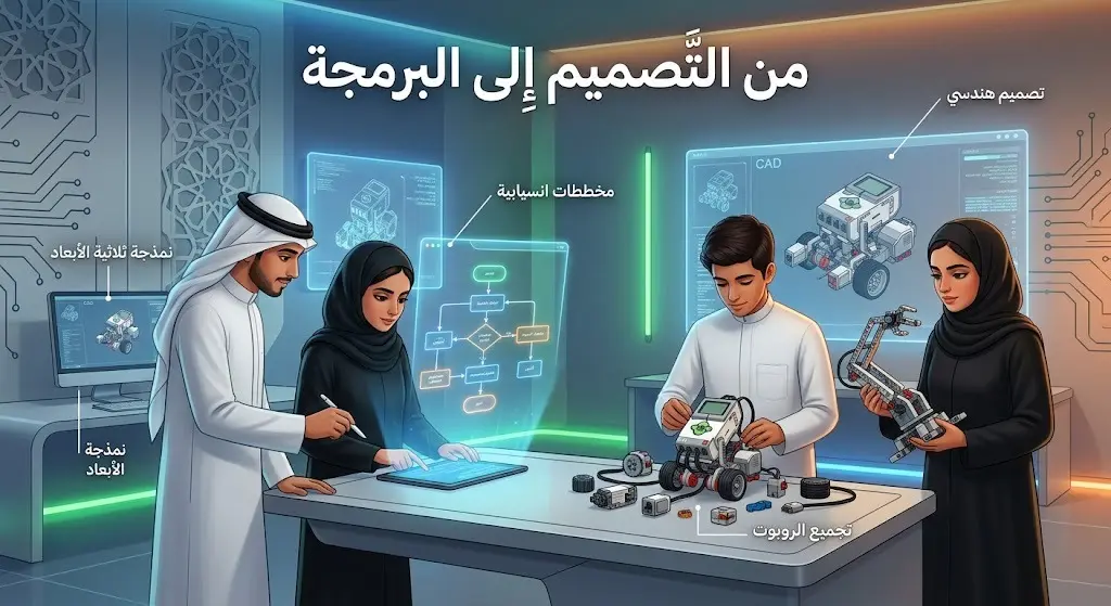 مجموعة من الطلاب الموهوبين يعملون على تصميم وبرمجة روبوت تعليمي في بيئة تقنية متطورة
