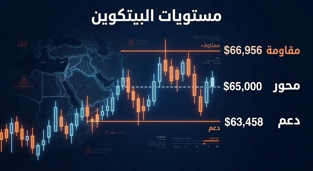 رسم بياني يوضح مستويات الدعم والمقاومة للبيتكوين وسط التوترات الجيوسياسية