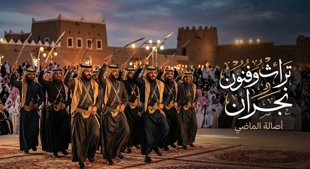 لوحة فنية تعبيرية تظهر أداء العرضة السعودية والفلكلور الشعبي بأزياء تقليدية في حفل الافتتاح.