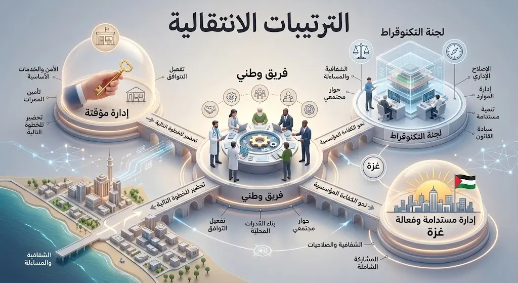 إنفوجرافيك يوضح تسلسل الترتيبات الانتقالية لنقل السلطة الإدارية في غزة إلى لجنة التكنوقراط.