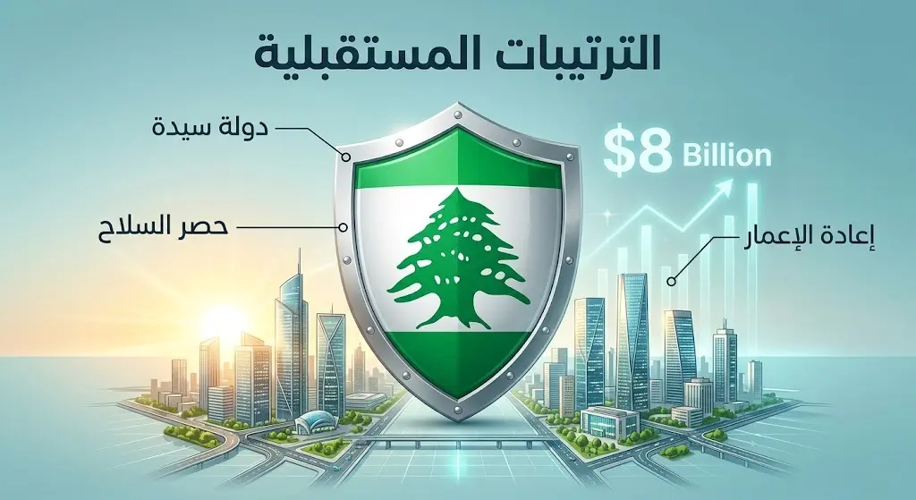 رسم تعبيري ومالي يوضح الترتيبات السياسية المستقبلية ومساعي إعادة الإعمار في لبنان