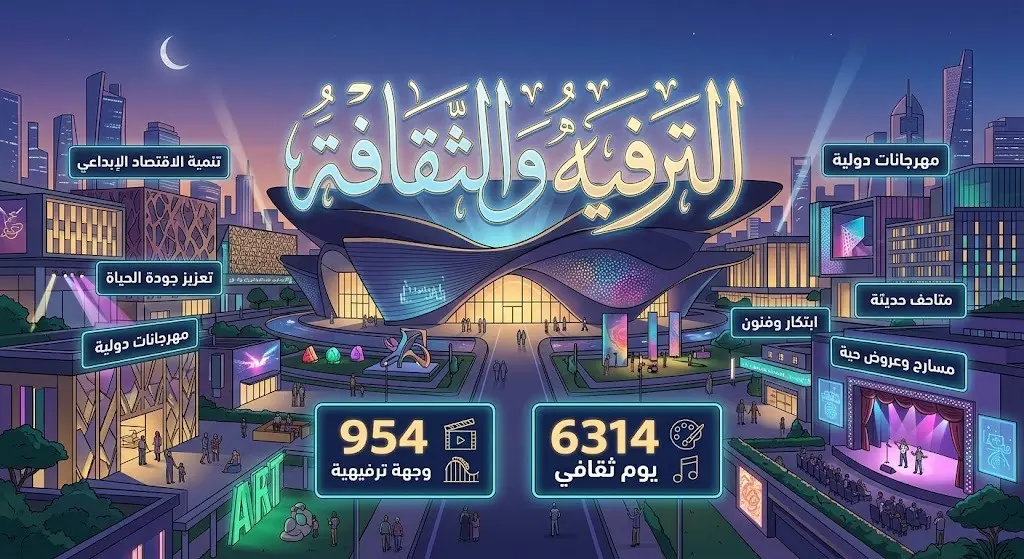 لوحة بصرية مدمجة ببيانات إنفوجرافيك تعبر عن الفعاليات الثقافية والترفيهية في المملكة، مزينة بحروف الخط العربي ومعالم حديثة.