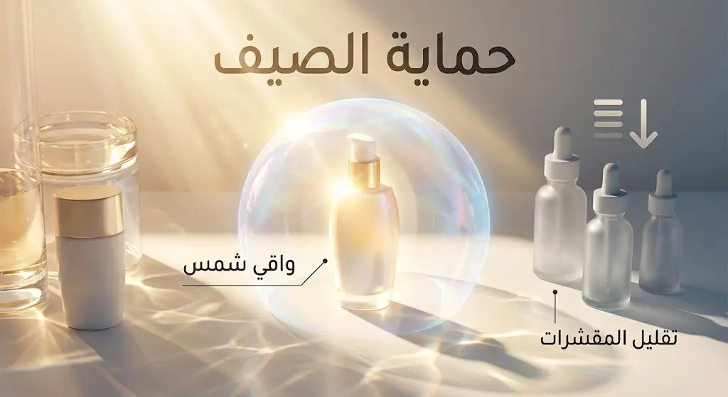 إنفوجرافيك يوضح أهمية استخدام واقي الشمس كدرع حماية وتقليل استخدام المقشرات الكيميائية القوية خلال فصل الصيف.