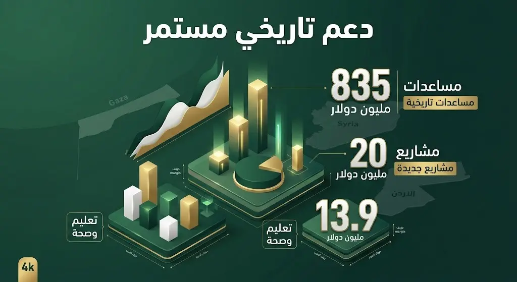 إنفوجرافيك بياني يوضح بالأرقام حجم التمويل السعودي التاريخي والجديد لدعم برامج الأونروا في قطاعات التعليم والصحة والمشاريع الحيوية.