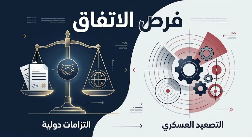 إنفوجرافيك تعبيري يوضح التباين بين الالتزامات الدبلوماسية الإيرانية والتوجه نحو التصعيد العسكري.