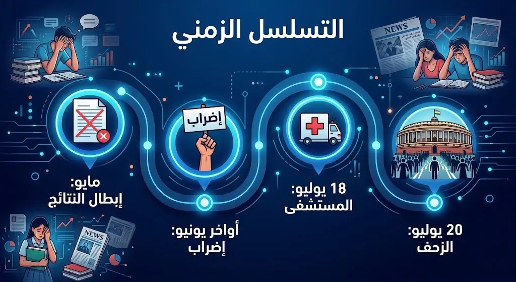 إنفوجرافيك يوضح التسلسل الزمني لأزمة امتحانات القبول في الهند من مايو حتى الزحف نحو البرلمان في 20 يوليو.