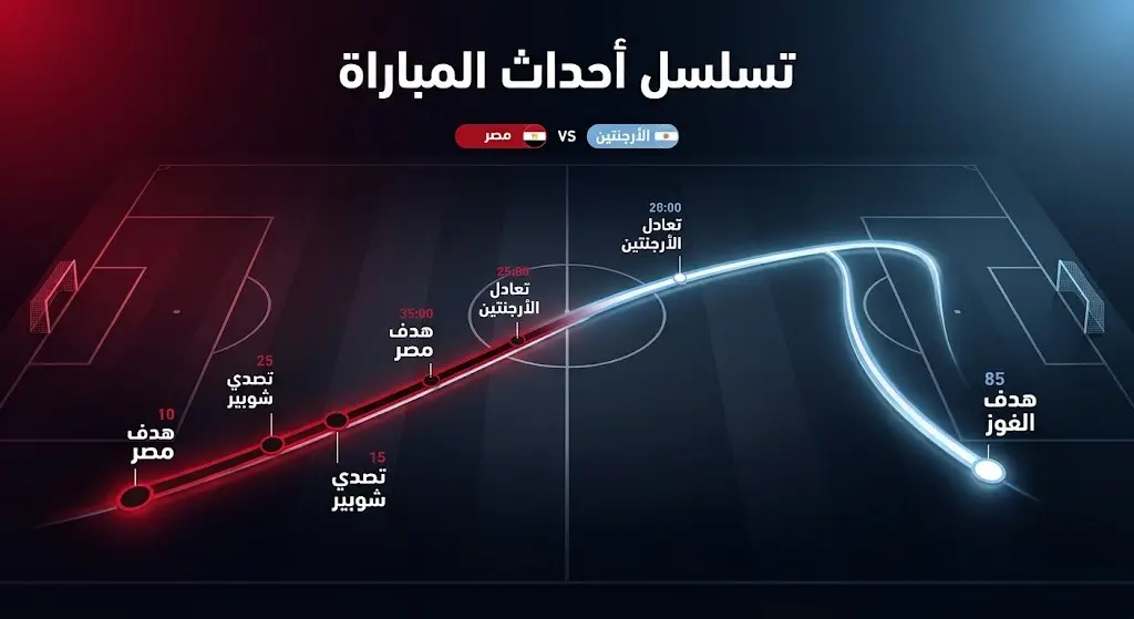 إنفوجرافيك يوضح التسلسل الزمني لأهداف وأحداث مباراة مصر والأرجنتين في دور الستة عشر من كأس العالم 2026.