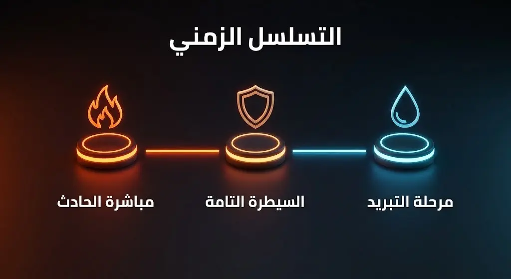 إنفوجرافيك يوضح التسلسل الزمني لعمليات إخماد حريق مستودعات الأعلاف بالمدينة المنورة بدءاً من المباشرة وحتى مرحلة التبريد.