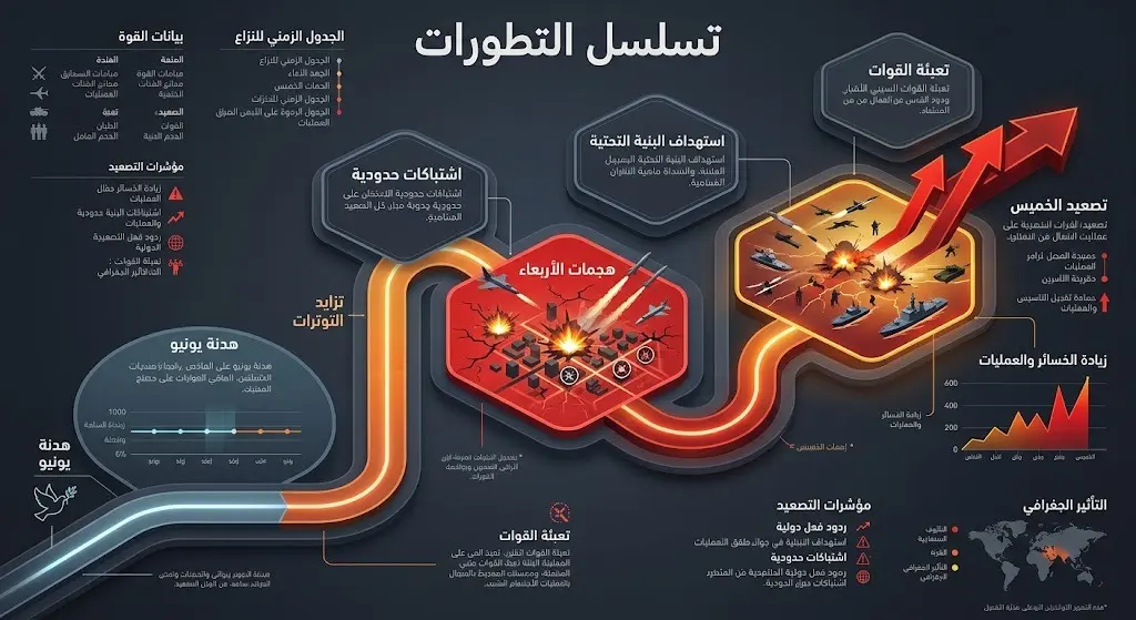 إنفوجرافيك للتسلسل الزمني يوضح تطورات الأحداث من التهدئة في يونيو إلى التصعيد العسكري المكثف في الأيام الأخيرة.