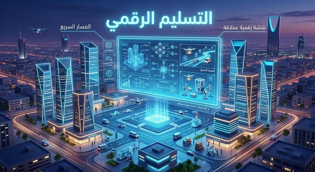 تصميم مستقبلي يجسد مفاهيم التسليم الرقمي وتقنيات البناء الذكية مع أبراج حديثة وشاشات عرض عملاقة.