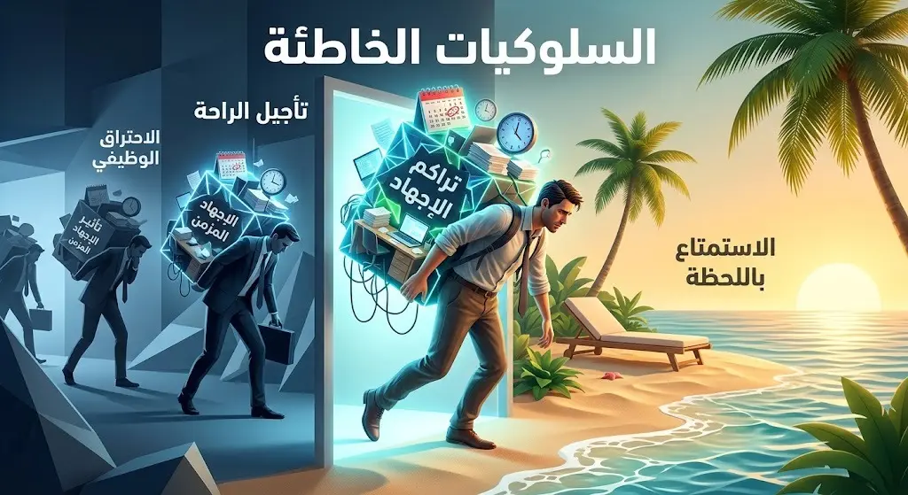 تصميم تعبيري يظهر تأثير تراكم ضغوط العمل وتأجيل فترات الراحة حتى بدء الإجازة السنوية.
