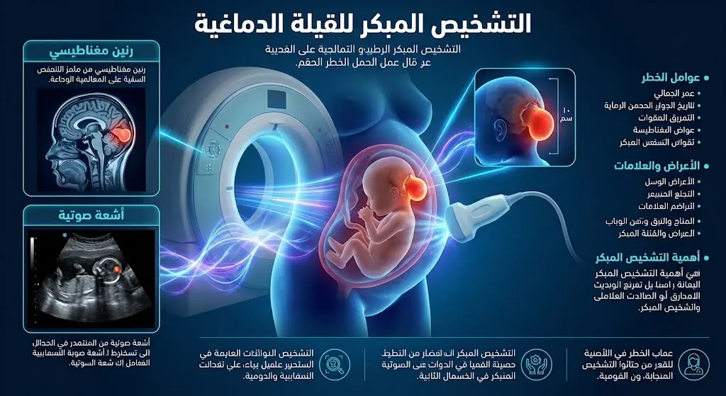 إنفوجرافيك طبي ثلاثي الأبعاد يوضح تشخيص الجنين بالأشعة الصوتية والرنين المغناطيسي لاكتشاف القيلة الدماغية.