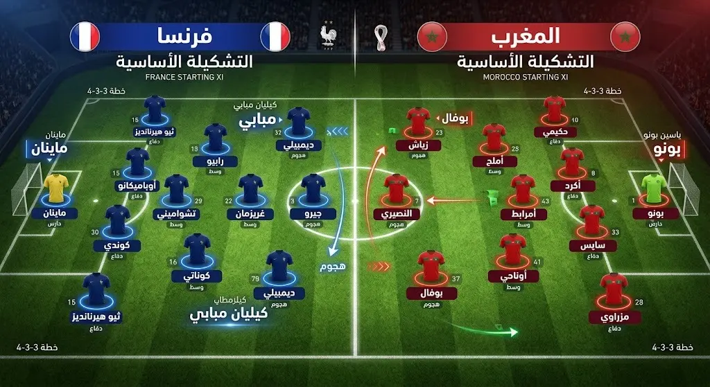 تصميم تكتيكي يعرض التشكيل الأساسي لمنتخبي المغرب وفرنسا في مباراتهما ضمن ربع نهائي كأس العالم 2026.