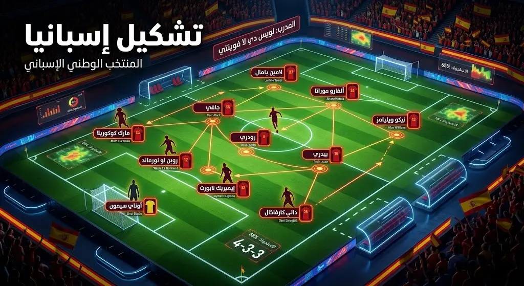 رسم معلوماتي (إنفوجرافيك) ثلاثي الأبعاد يوضح التشكيلة الرسمية لمنتخب إسبانيا وتوزيع اللاعبين في الملعب.