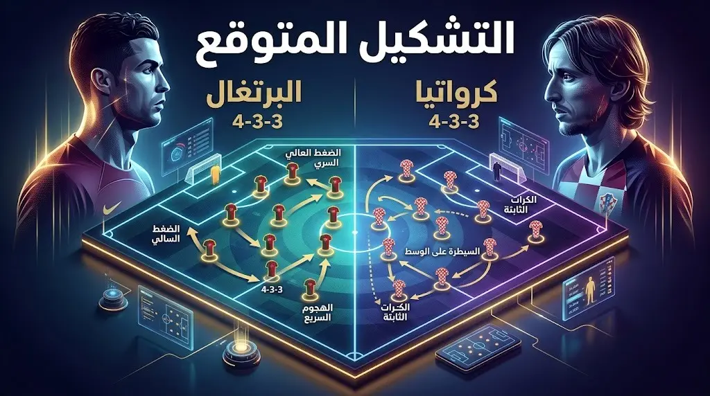 تصميم إنفوجرافيك لملعب كرة قدم يبرز التشكيل المتوقع والمواجهة التكتيكية بين منتخبي البرتغال وكرواتيا