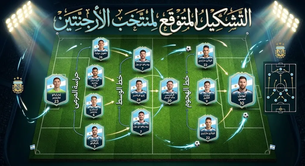 إنفوجرافيك يوضح التشكيل المتوقع لمنتخب الأرجنتين بقيادة ميسي أمام مصر في دور الـ 16 من كأس العالم 2026.