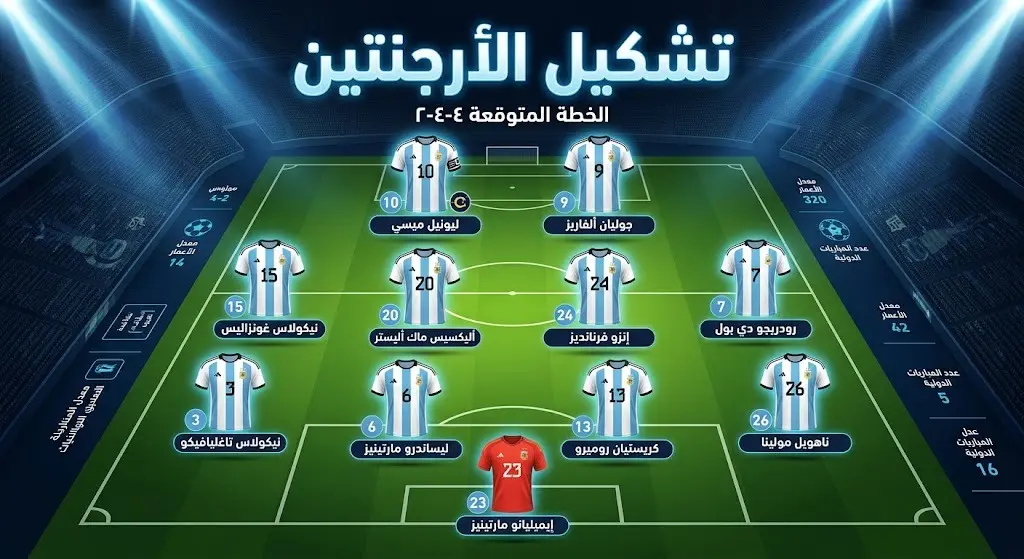 إنفوجرافيك يوضح التشكيل المتوقع لمنتخب الأرجنتين ضد إنجلترا بقيادة ليونيل ميسي في نصف نهائي كأس العالم 2026