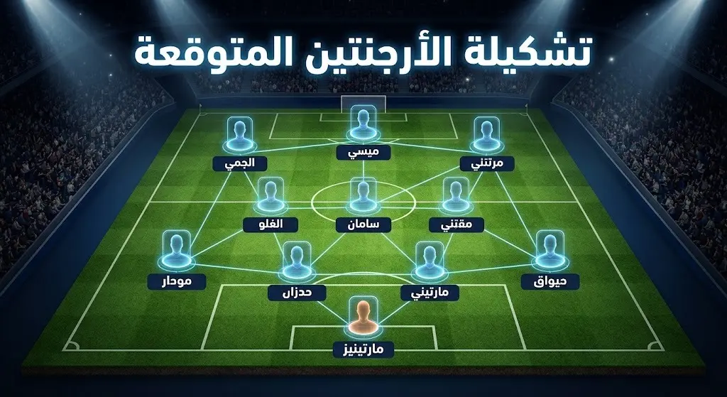 تصميم لملعب كرة قدم يوضح التشكيلة الأساسية المتوقعة لمنتخب الأرجنتين في مواجهة سويسرا وتوزيع اللاعبين.