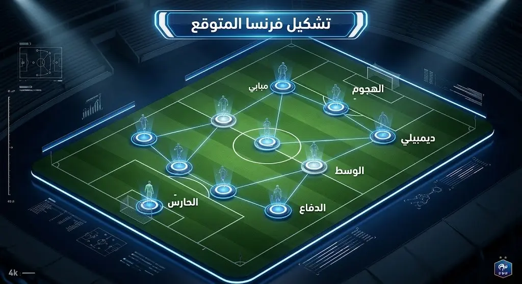 رسم بياني لملعب كرة قدم يعرض الخطة التكتيكية والتشكيل المتوقع لمنتخب فرنسا بقيادة كيليان مبابي