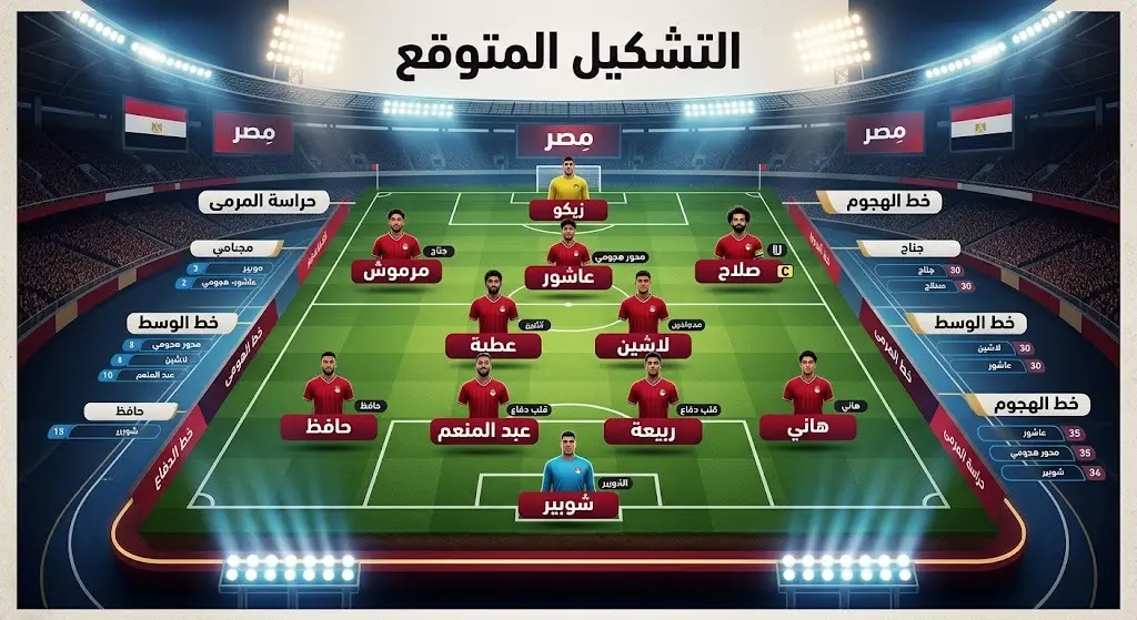 إنفوجرافيك رياضي يستعرض التشكيل المتوقع لمنتخب مصر وتوزيع اللاعبين في الملعب استعداداً لمواجهة الأرجنتين.