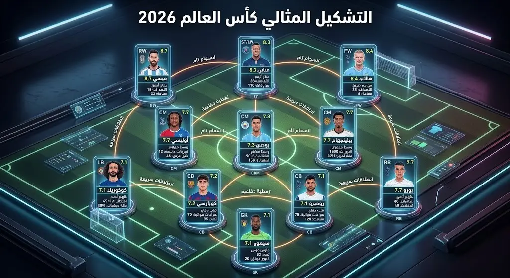 إنفوجرافيك يوضح التشكيل المثالي لبطولة كأس العالم 2026 على ملعب كرة قدم بتصميم ثلاثي الأبعاد مع أسماء اللاعبين وتقييماتهم الرقمية.