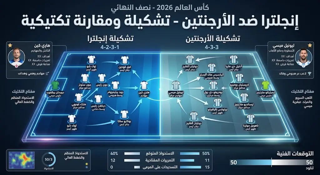 إنفوجرافيك رياضي يستعرض التشكيلة الأساسية لمنتخبي الأرجنتين وإنجلترا في نصف نهائي كأس العالم 2026 وأبرز نجوم الفريقين.