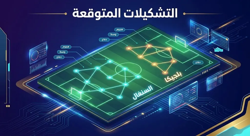 تصميم رياضي تكتيكي يعرض التشكيل المتوقع وتوزيع اللاعبين لمنتخبي السنغال وبلجيكا في أرض الملعب.