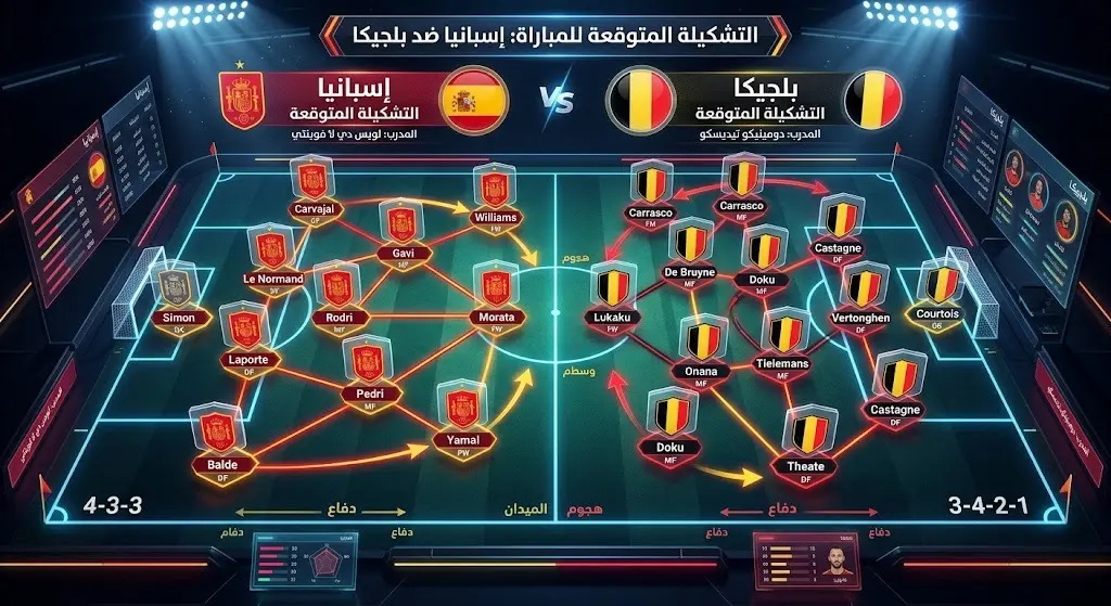 تصميم تكتيكي يستعرض التشكيلات المتوقعة لمنتخبي إسبانيا وبلجيكا في مواجهتهما الحاسمة بربع النهائي.