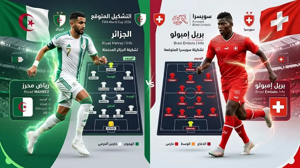 تصميم إنفوجرافيك يقارن بين التشكيل المتوقع لمنتخبي الجزائر وسويسرا في كأس العالم 2026.