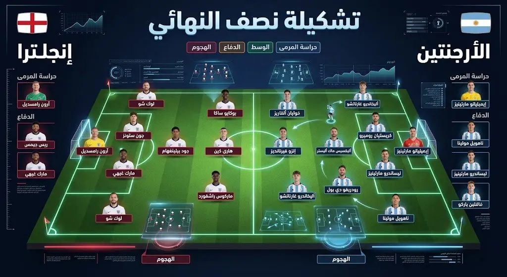 إنفوجرافيك تكتيكي يستعرض التشكيلة الأساسية لمنتخبي إنجلترا والأرجنتين ومراكز اللاعبين في مباراة نصف نهائي كأس العالم 2026.
