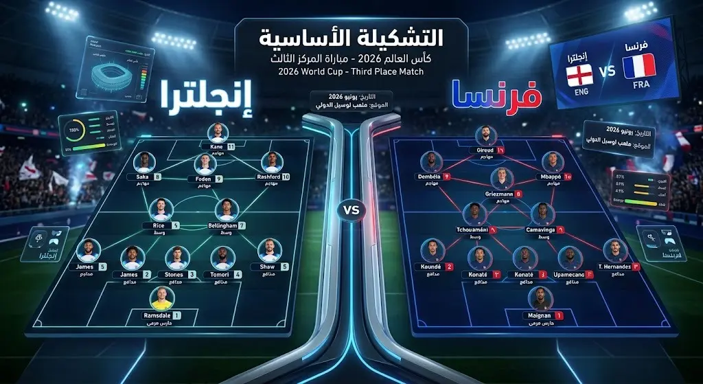 تصميم إنفوجرافيك يوضح التشكيلة الأساسية لمنتخبي إنجلترا وفرنسا في مباراة تحديد المركز الثالث لكأس العالم 2026 على أرضية ملعب تكتيكي.