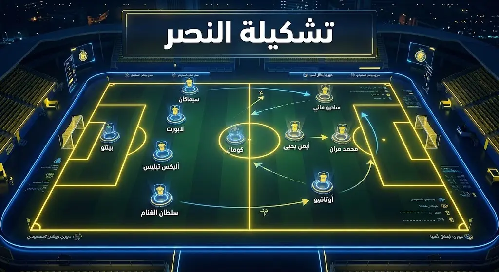 إنفوجرافيك تكتيكي يوضح التشكيلة الأساسية لنادي النصر في مواجهة بنفيكا ب الودية