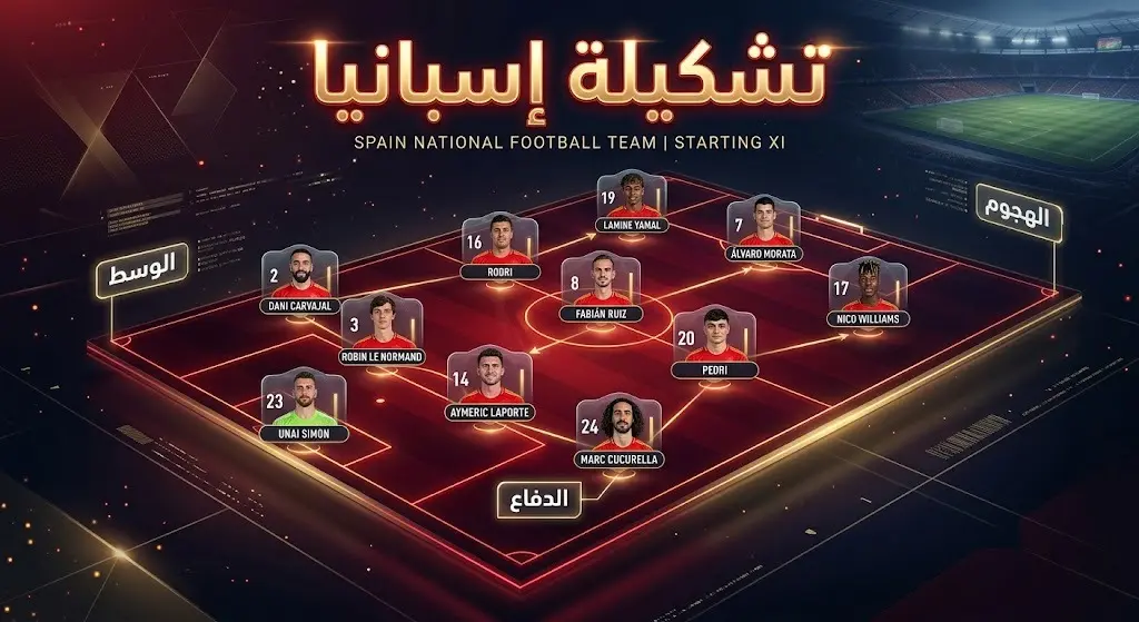 إنفوجرافيك رياضي يوضح التشكيلة الأساسية لمنتخب إسبانيا وتوزيع اللاعبين التكتيكي في نهائي كأس العالم 2026