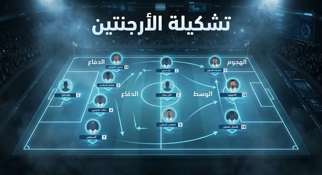 تصميم إنفوجرافيك يستعرض التشكيلة الأساسية لمنتخب الأرجنتين بقيادة ليونيل ميسي في نهائي مونديال 2026